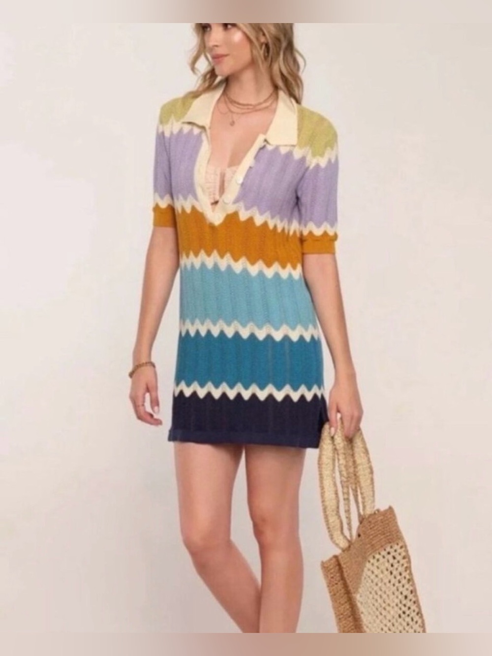 Revolve Heartloom Multicolor Zigzag Knit Polo Mini Dress - Cream Collar K10